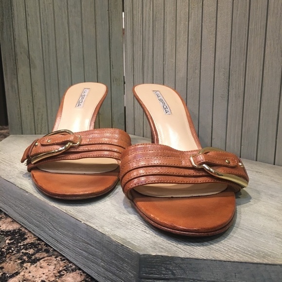 Via Spiga Brown Leather Heeled Slide Size 10M - Picture 2 of 6